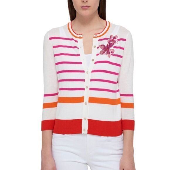 Tommy Hilfiger Button Up Striped Cardigan with Sequin Floral  Patch Size XXL - Picture 1 of 6